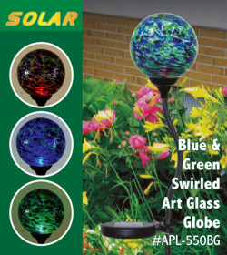 Blue & Green Swirled Art Glass Solar Garden Globe Stake Light