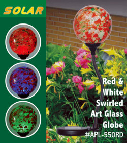 Red & White Swirled Art Glass Solar Garden Globe Stake Light